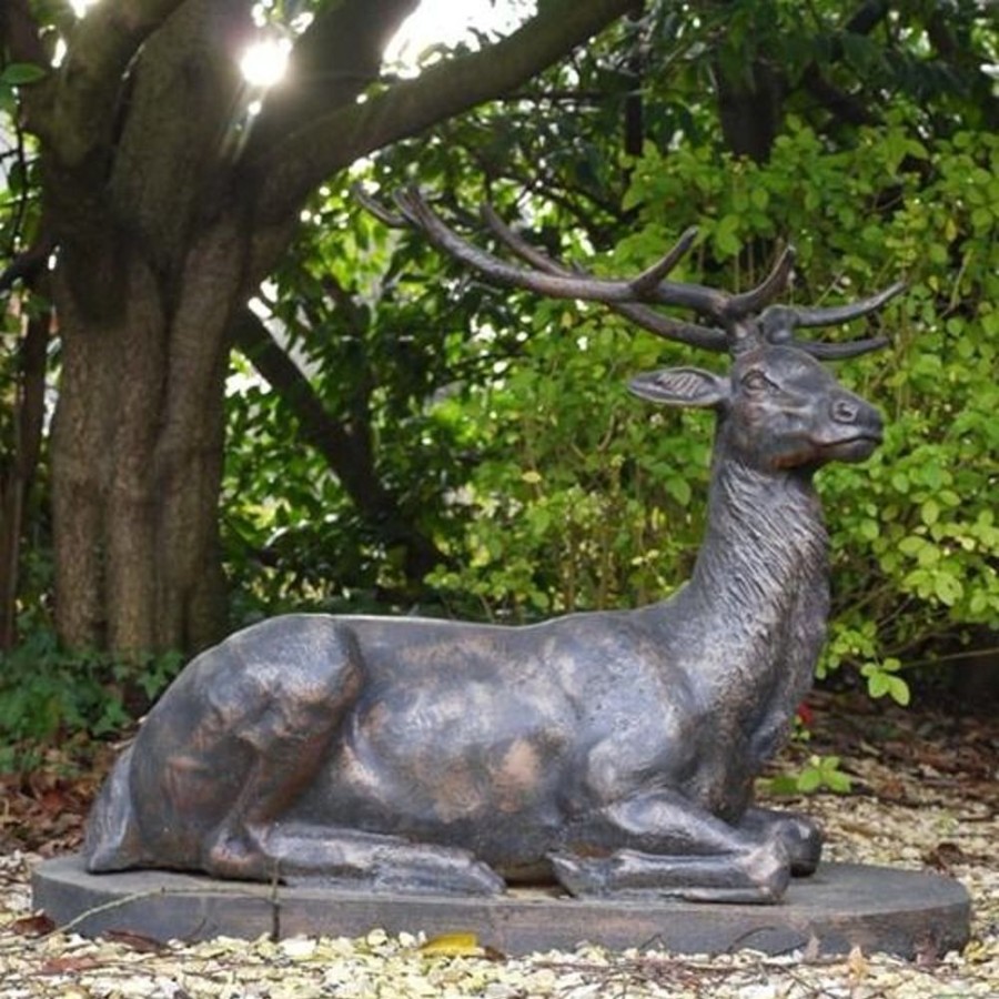 STATUES & SCULPTURES Laying Stag Life-Size Bronze Metal Garden Statue Clearance