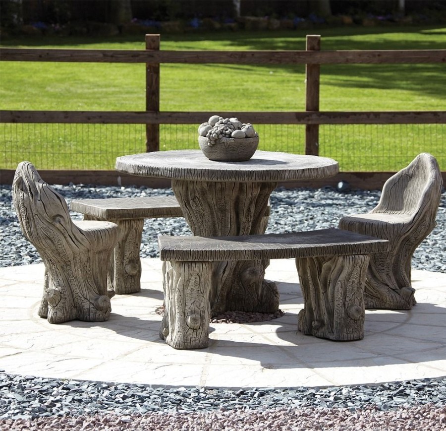 STATUES & SCULPTURES Woodlands Stone Benches & Table Patio Garden Furniture Set Wholesale