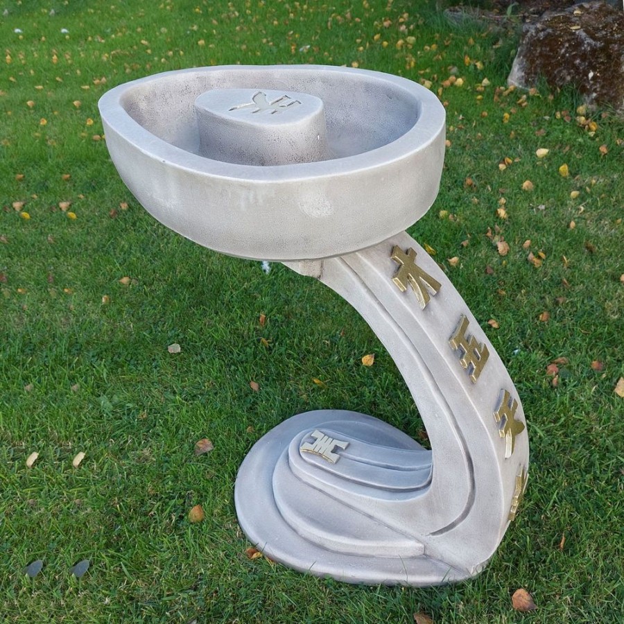 STATUES & SCULPTURES Curved Japanese Design Stone Garden Bird Bath Clearance