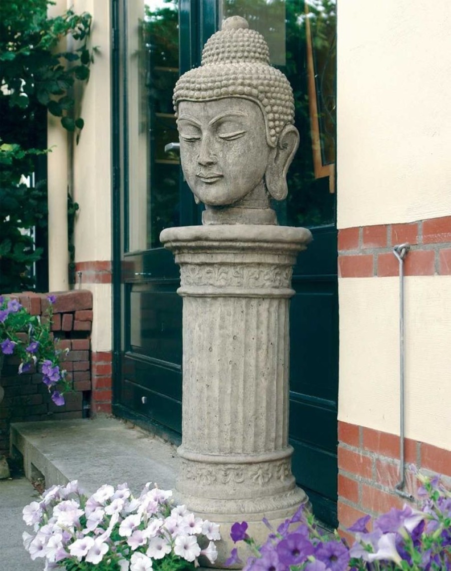 STATUES & SCULPTURES Buddha Head Stone Garden Ornament On Pedestal Clearance