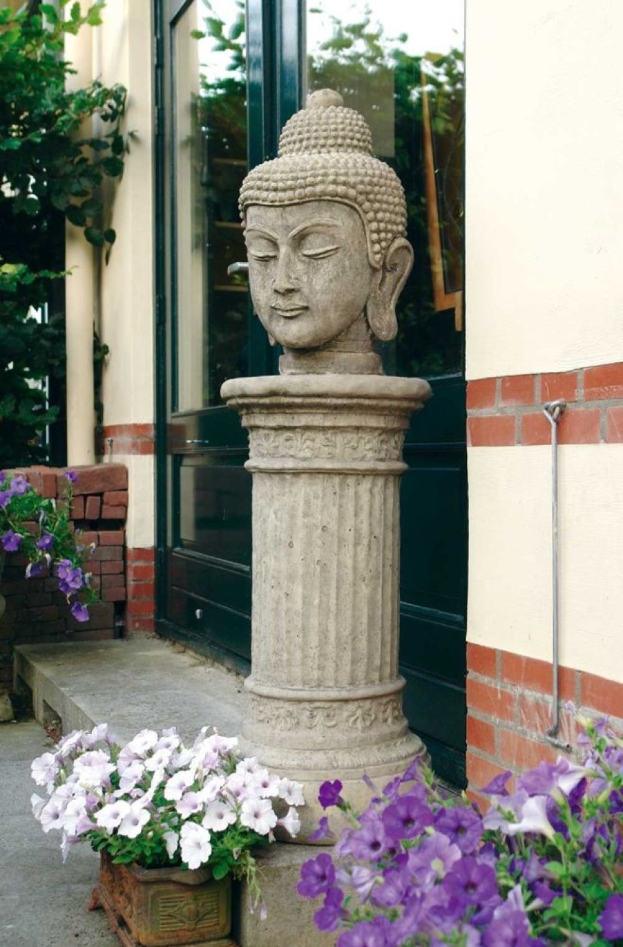 STATUES & SCULPTURES Buddha Head Stone Garden Ornament On Pedestal Clearance