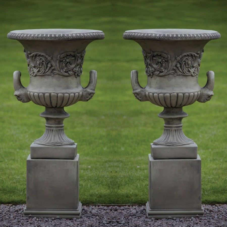 STATUES & SCULPTURES Pair Of Grecian Stone Garden Planter Urns On Pedestals New