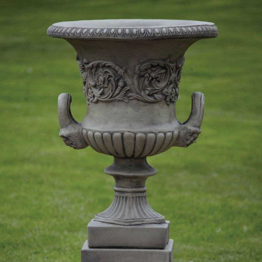 STATUES & SCULPTURES Pair Of Grecian Stone Garden Planter Urns On Pedestals New