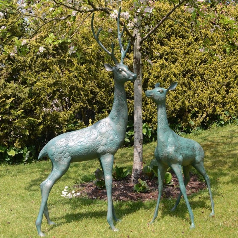 STATUES & SCULPTURES Grand Stag & Doe Aged Bronze Metal Garden Statues Hot