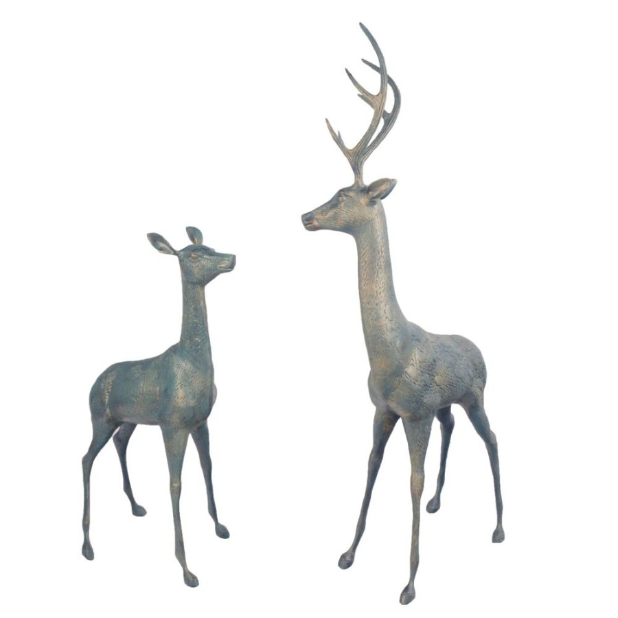 STATUES & SCULPTURES Grand Stag & Doe Aged Bronze Metal Garden Statues Hot