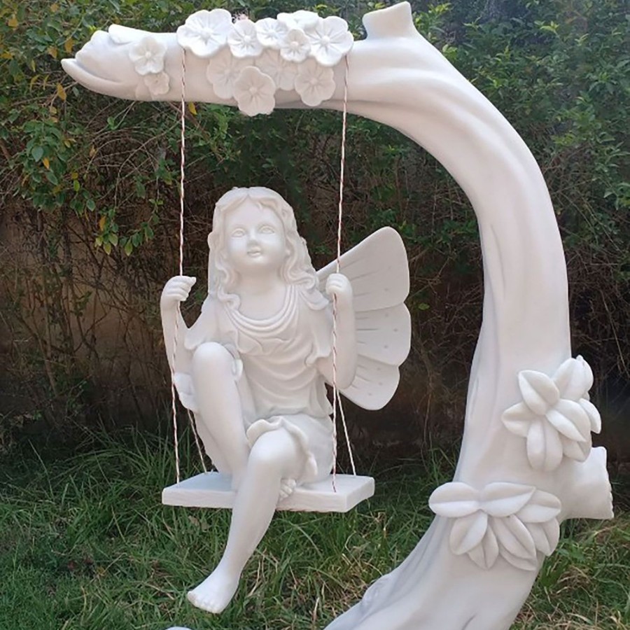 STATUES & SCULPTURES Fairy On Swing 110Cm Marble Resin Garden Ornament Clearance