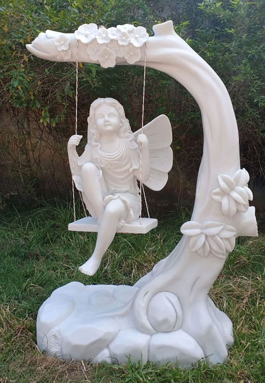 STATUES & SCULPTURES Fairy On Swing 110Cm Marble Resin Garden Ornament Clearance