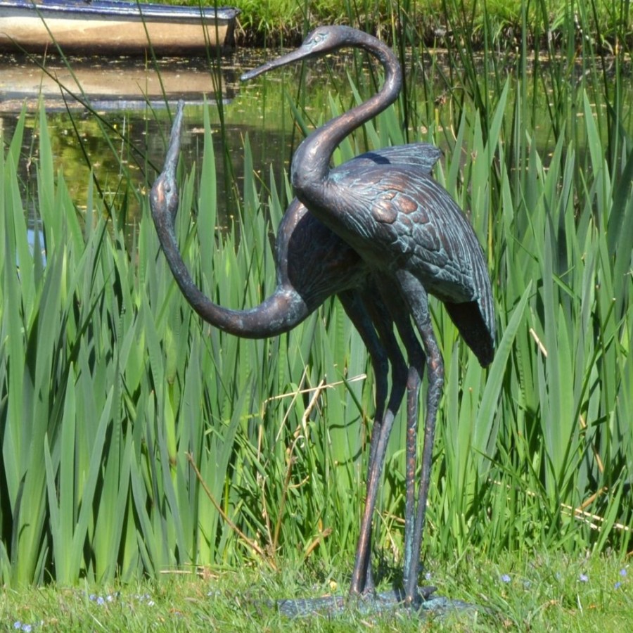 STATUES & SCULPTURES Love Cranes Aged Bronze Garden Ornament Hot