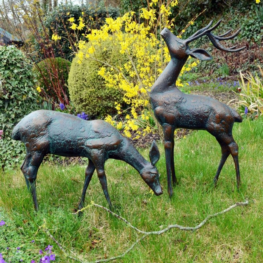 STATUES & SCULPTURES Deer & Doe Bronze Metal Garden Statues Hot