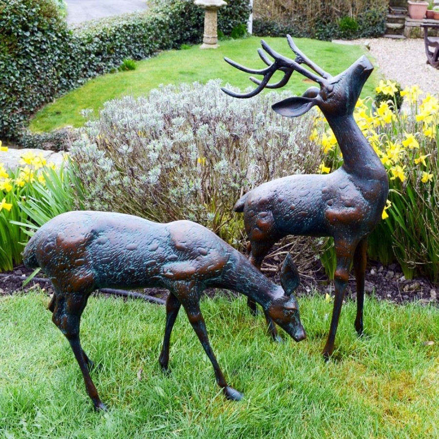 STATUES & SCULPTURES Deer & Doe Bronze Metal Garden Statues Hot