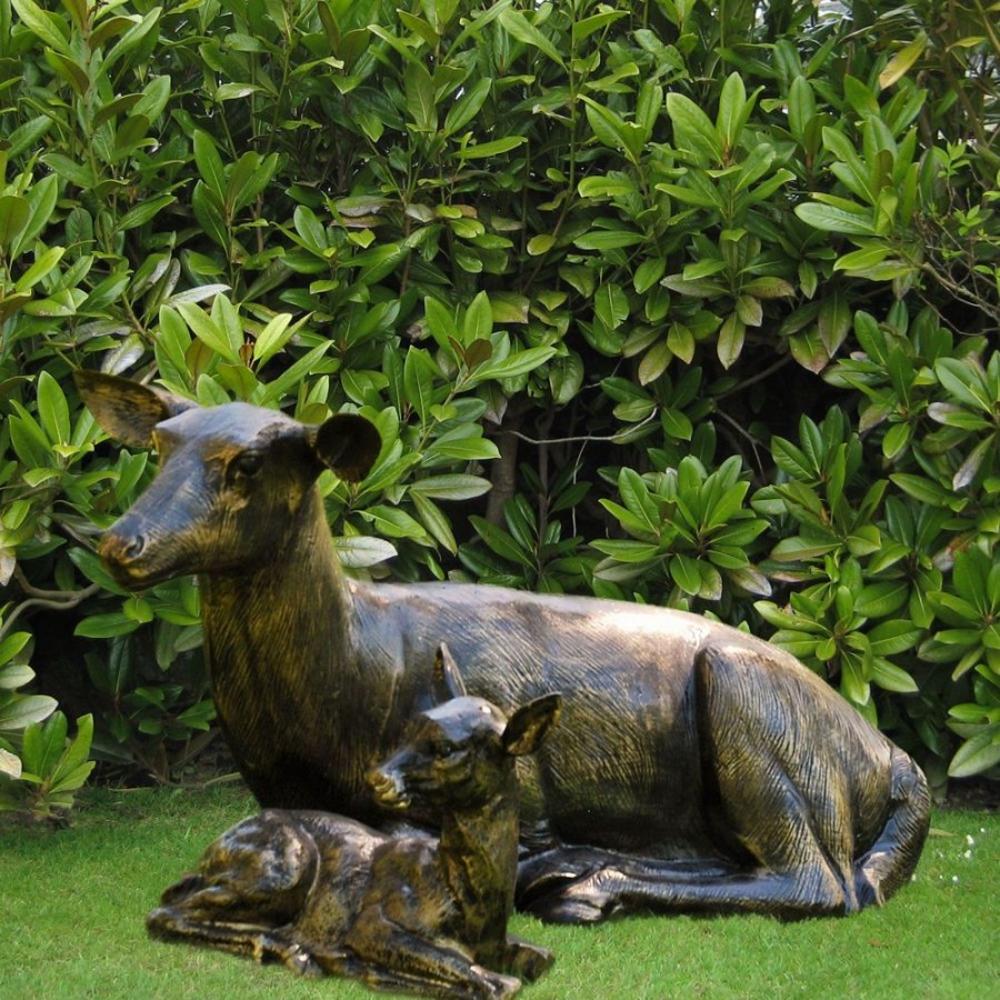 STATUES & SCULPTURES Laying Doe & Fawn 55Cm Bronze Metal Garden Statues Best