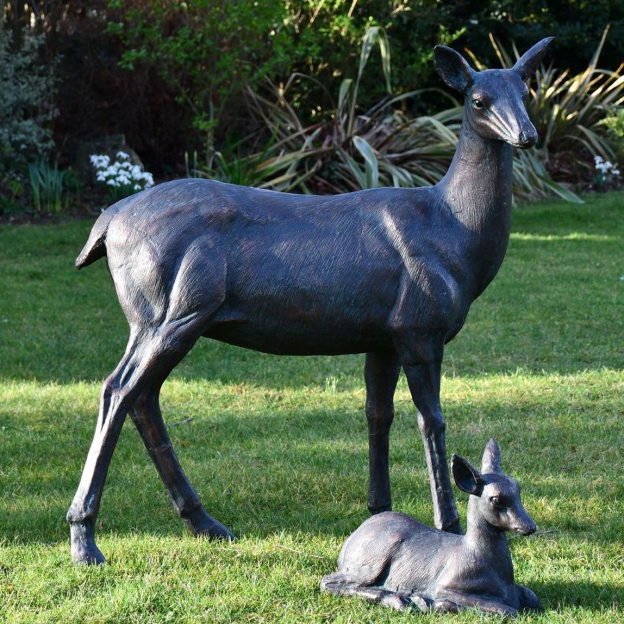 STATUES & SCULPTURES Wild Doe & Fawn 103Cm Bronze Metal Garden Statues Clearance