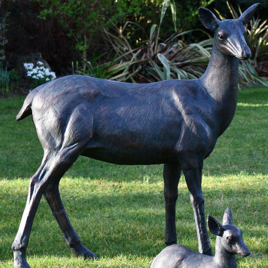 STATUES & SCULPTURES Wild Doe & Fawn 103Cm Bronze Metal Garden Statues Clearance