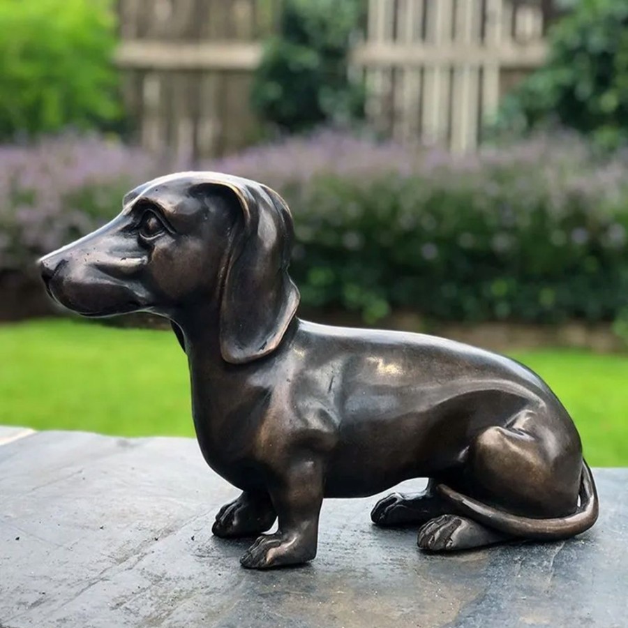 STATUES & SCULPTURES Dachshund Dog 25Cm Natural Bronze Metal Garden Ornament Best