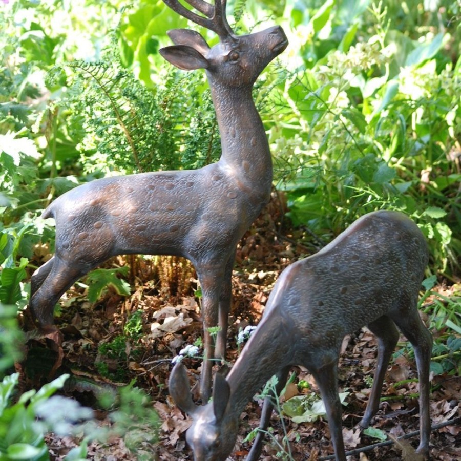 STATUES & SCULPTURES Large Stag & Doe Deer Bronze Garden Statues Hot