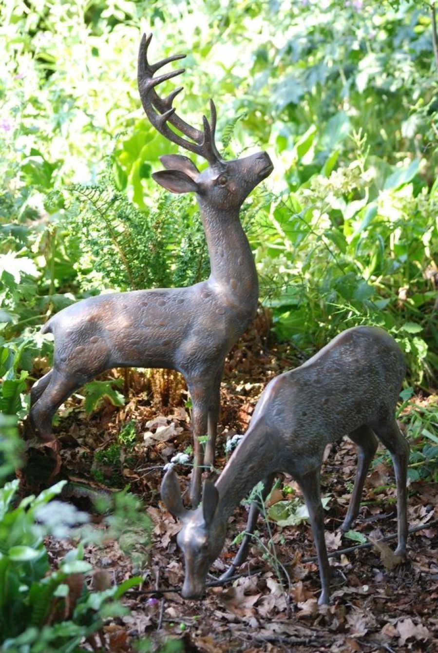 STATUES & SCULPTURES Large Stag & Doe Deer Bronze Garden Statues Hot