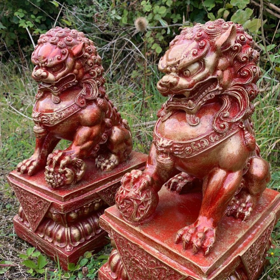 STATUES & SCULPTURES Foo Dogs 45Cm Red Chinese Garden Statues Hot