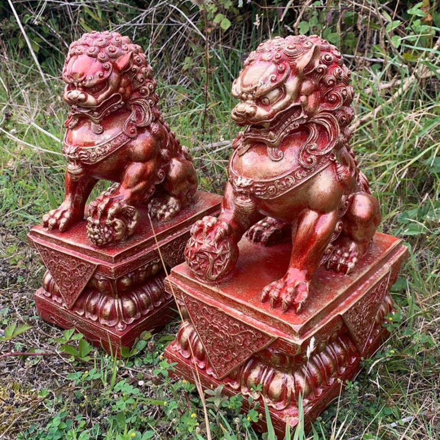 STATUES & SCULPTURES Foo Dogs 45Cm Red Chinese Garden Statues Hot