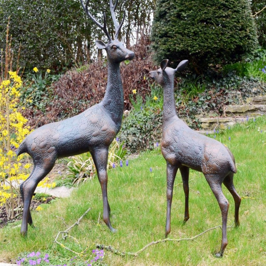 STATUES & SCULPTURES Grand Stag & Doe Bronze Metal Garden Statues New