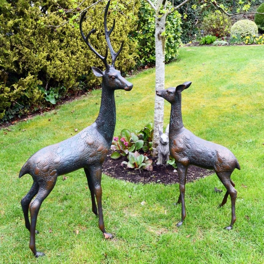 STATUES & SCULPTURES Grand Stag & Doe Bronze Metal Garden Statues New