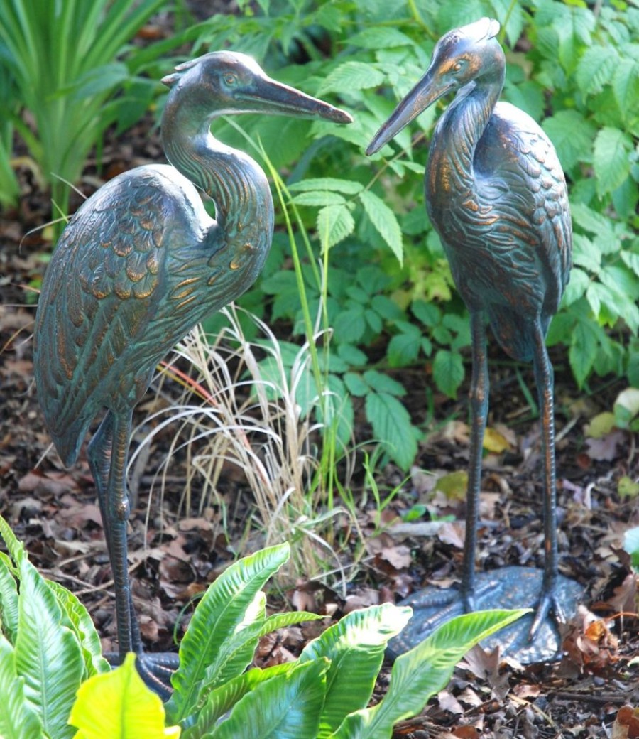 STATUES & SCULPTURES Wild Cranes Aged Bronze Garden Ornaments Clearance