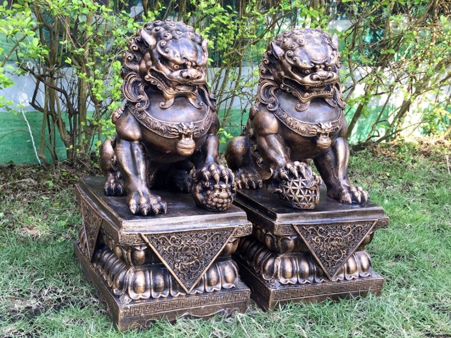 STATUES & SCULPTURES Foo Dogs 45Cm Bronze Chinese Garden Statues Clearance