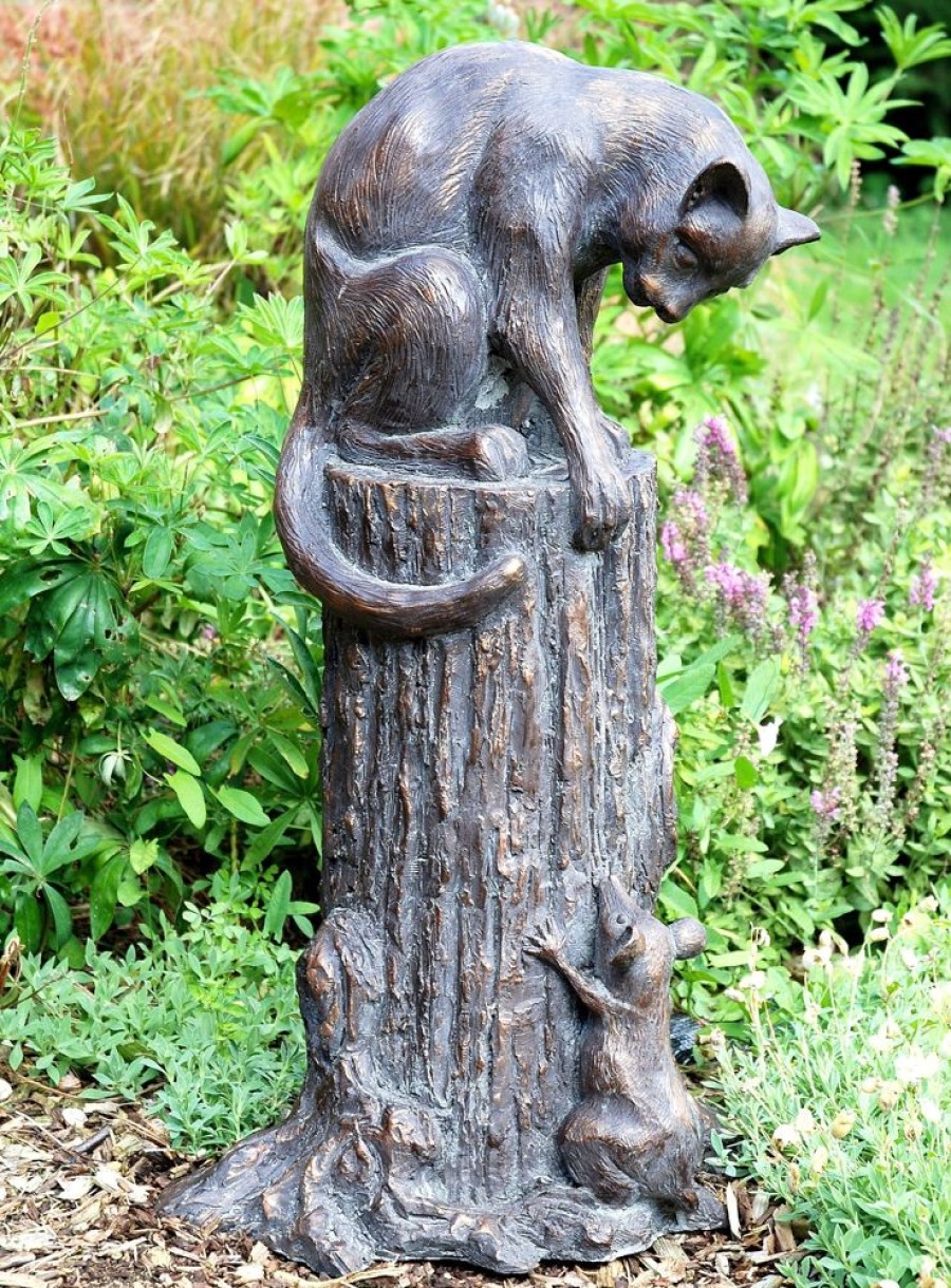 STATUES & SCULPTURES Cat & Mouse Bronze Resin Garden Ornament Clearance