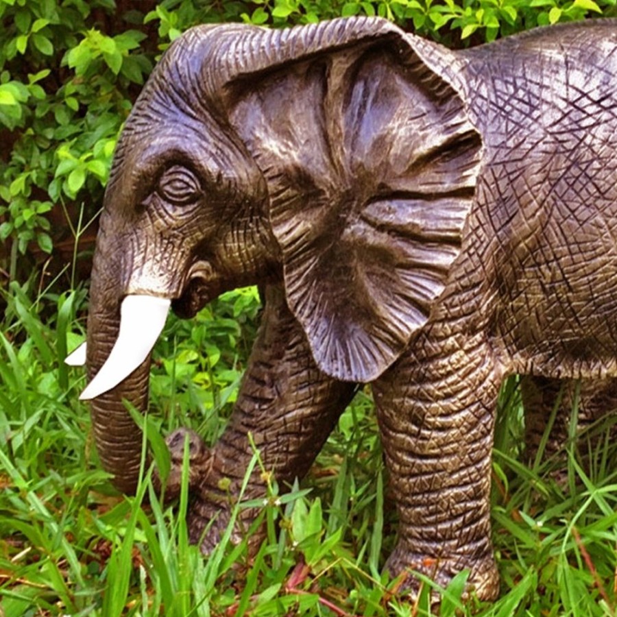 STATUES & SCULPTURES African Elephant 42Cm Bronze Marble Resin Garden Ornament Clearance