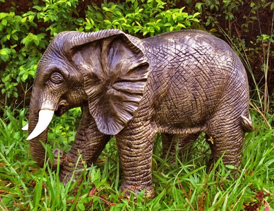 STATUES & SCULPTURES African Elephant 42Cm Bronze Marble Resin Garden Ornament Clearance