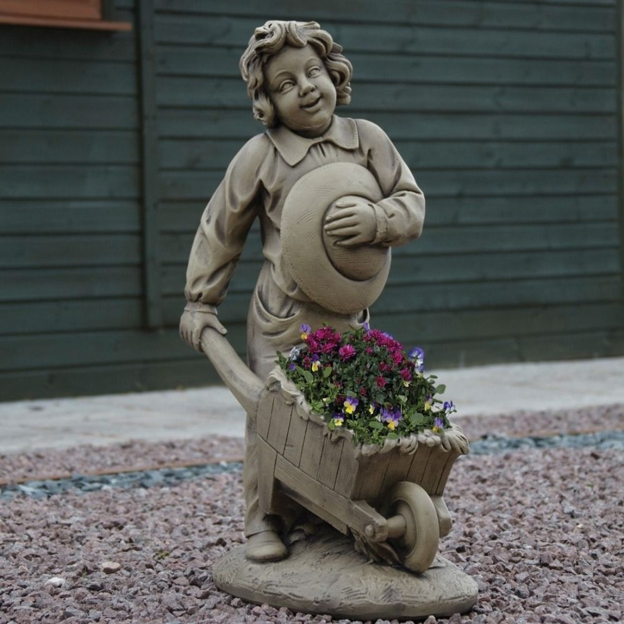 STATUES & SCULPTURES Boy & Barrow Stone Garden Statue Online