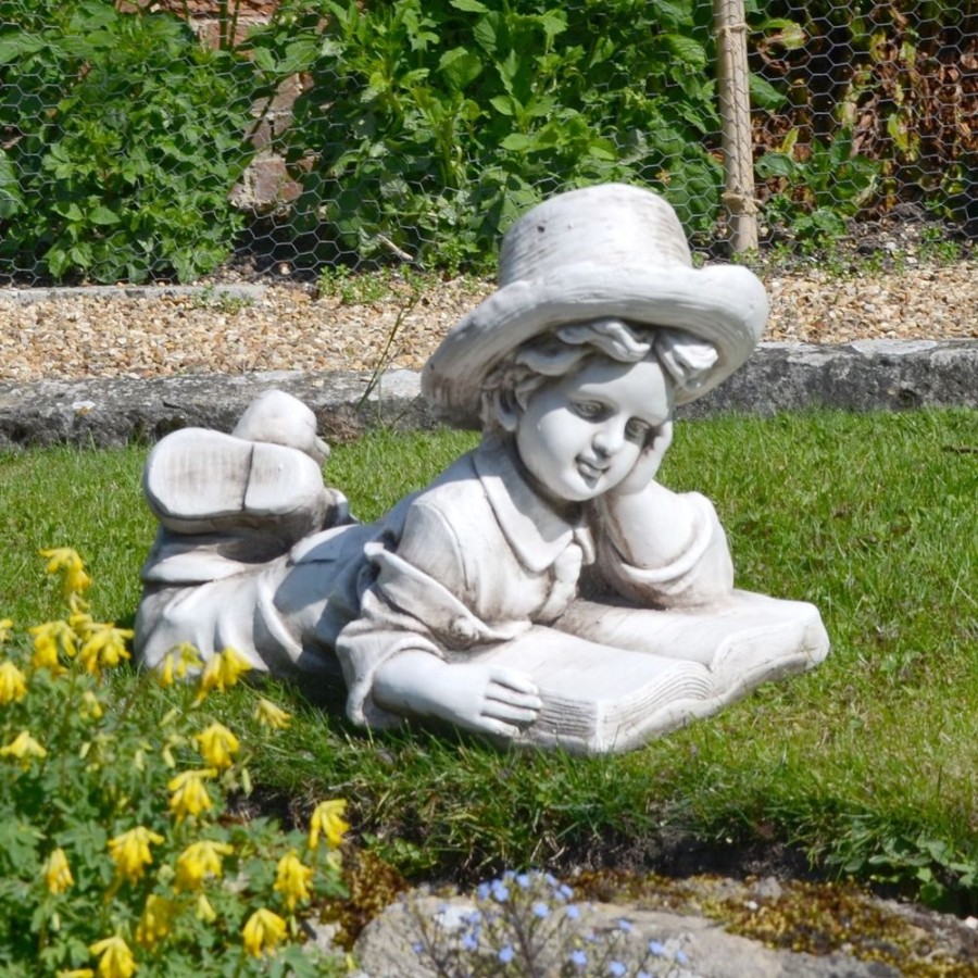 STATUES & SCULPTURES Laying Reading Boy 36Cm Stone Resin Garden Statue Wholesale